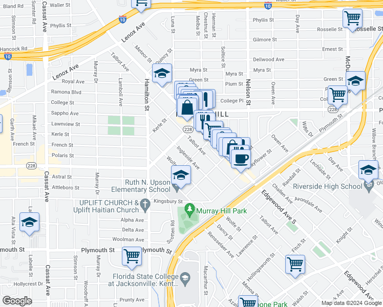 map of restaurants, bars, coffee shops, grocery stores, and more near 1040 Talbot Avenue in Jacksonville