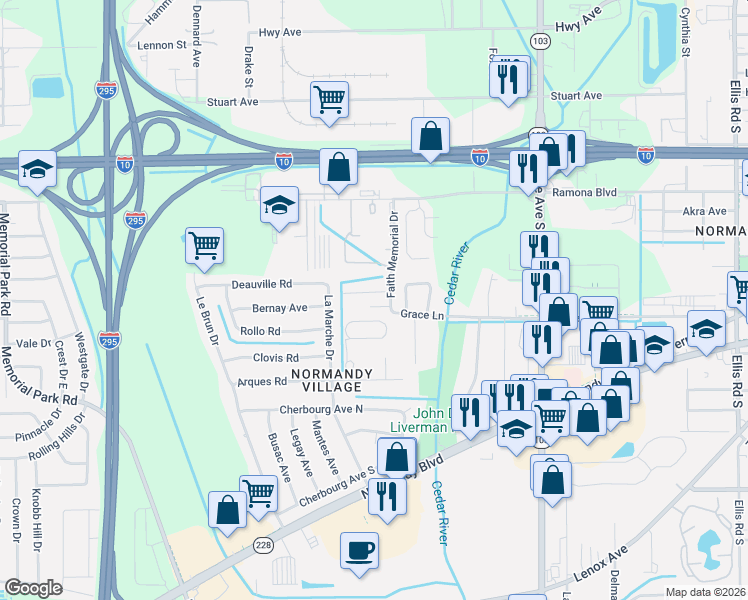 map of restaurants, bars, coffee shops, grocery stores, and more near 864 Faith Memorial Drive in Jacksonville