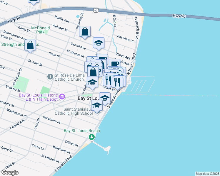 map of restaurants, bars, coffee shops, grocery stores, and more near 125 Main Street in Bay St. Louis