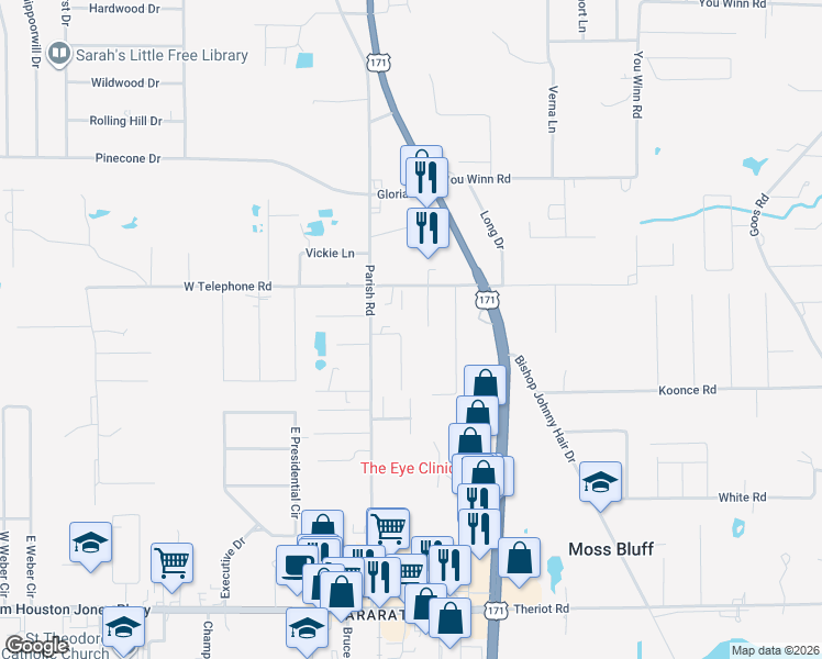 map of restaurants, bars, coffee shops, grocery stores, and more near 197 East Telephone Road in Lake Charles