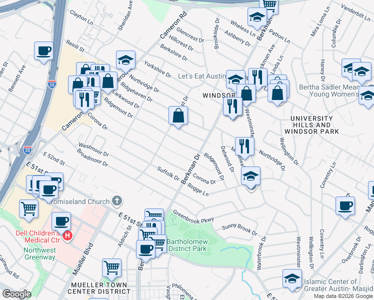 map of restaurants, bars, coffee shops, grocery stores, and more near 1601 Ridgemont Drive in Austin