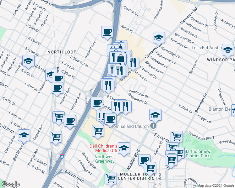 map of restaurants, bars, coffee shops, grocery stores, and more near 5211 Cameron Road in Austin