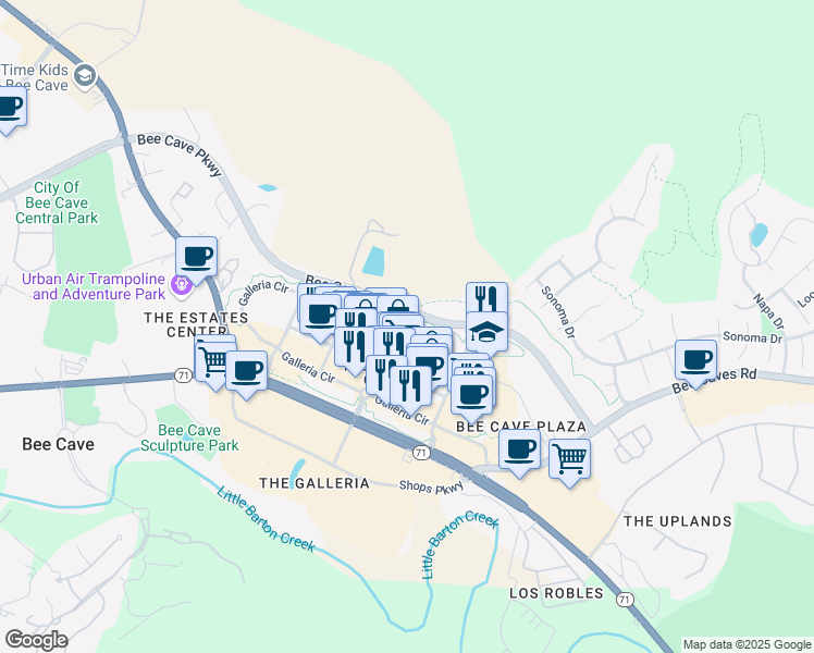 map of restaurants, bars, coffee shops, grocery stores, and more near 12725 Galleria Parkway in Austin