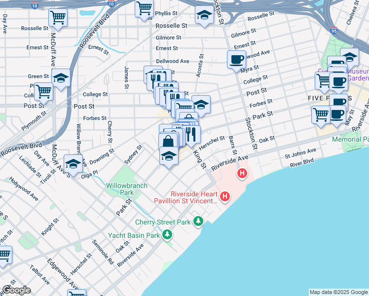 map of restaurants, bars, coffee shops, grocery stores, and more near 2731 Park Street in Jacksonville