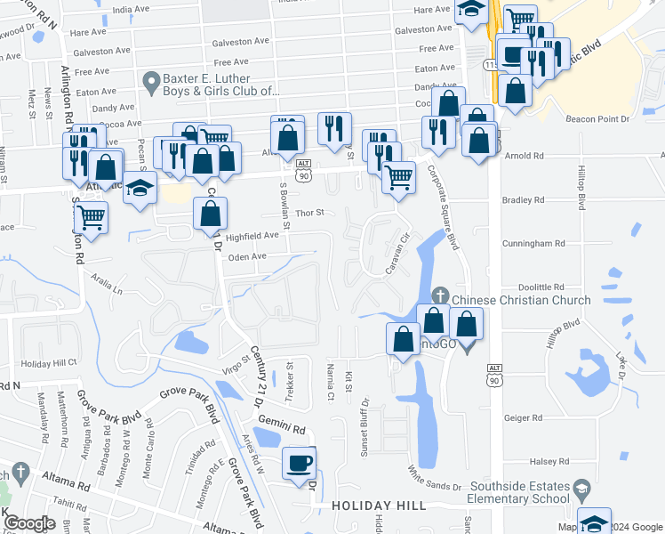 map of restaurants, bars, coffee shops, grocery stores, and more near 8565 Highfield Avenue in Jacksonville