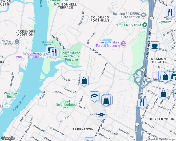 map of restaurants, bars, coffee shops, grocery stores, and more near 3008 Maywood Circle in Austin