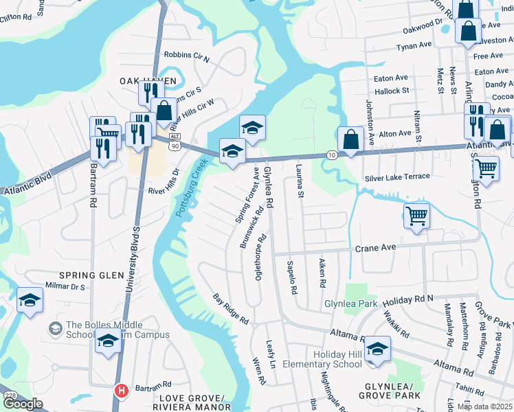 map of restaurants, bars, coffee shops, grocery stores, and more near 216 Brunswick Road in Jacksonville