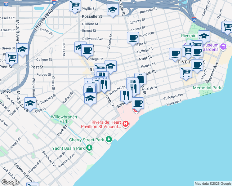 map of restaurants, bars, coffee shops, grocery stores, and more near 2602 Herschel Street in Jacksonville
