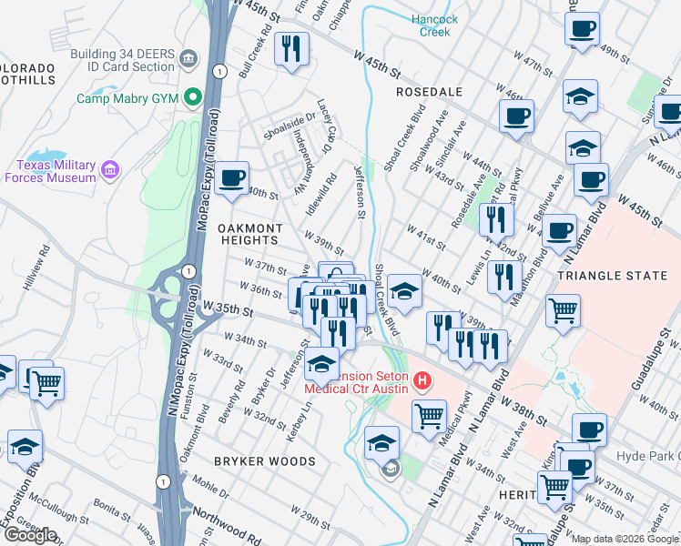 map of restaurants, bars, coffee shops, grocery stores, and more near 3801 Petes Path in Austin