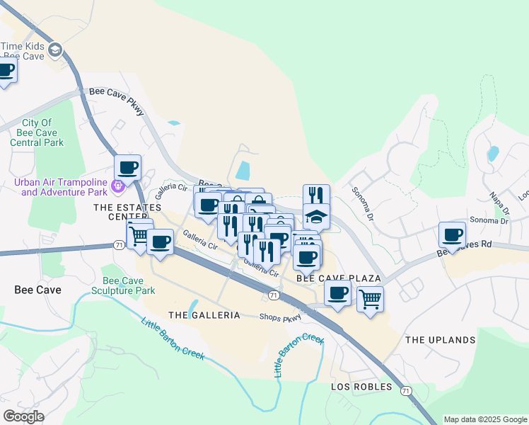 map of restaurants, bars, coffee shops, grocery stores, and more near 12725 Galleria Parkway in Austin