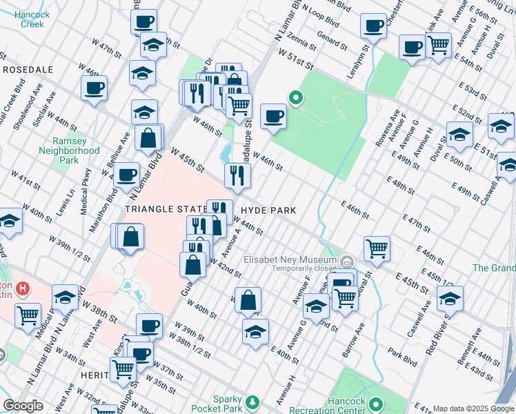 map of restaurants, bars, coffee shops, grocery stores, and more near 4415 Avenue A in Austin