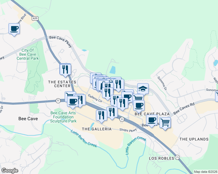 map of restaurants, bars, coffee shops, grocery stores, and more near 13412 Galleria Circle in Bee Cave