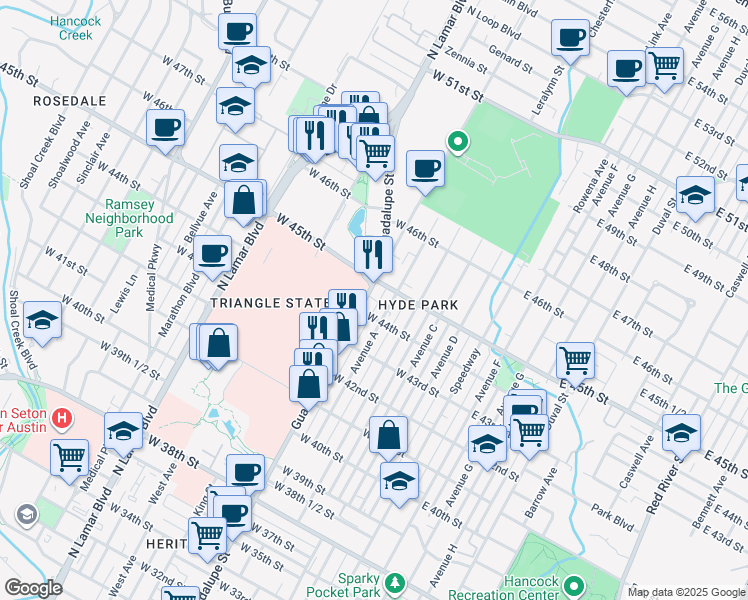 map of restaurants, bars, coffee shops, grocery stores, and more near 4407 Guadalupe Street in Austin