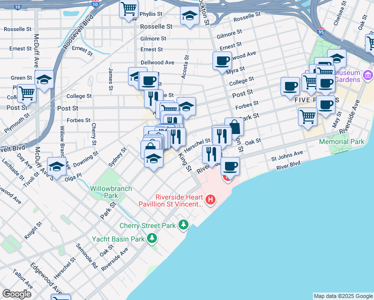 map of restaurants, bars, coffee shops, grocery stores, and more near 2675 Herschel Street in Jacksonville