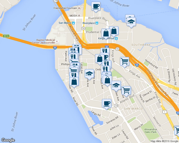 map of restaurants, bars, coffee shops, grocery stores, and more near 1511 Belmonte Avenue in Jacksonville