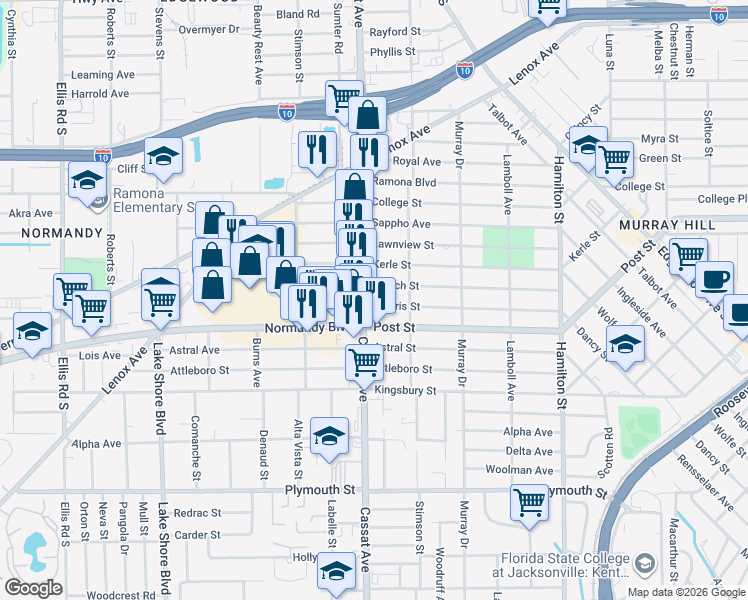 map of restaurants, bars, coffee shops, grocery stores, and more near in Jacksonville