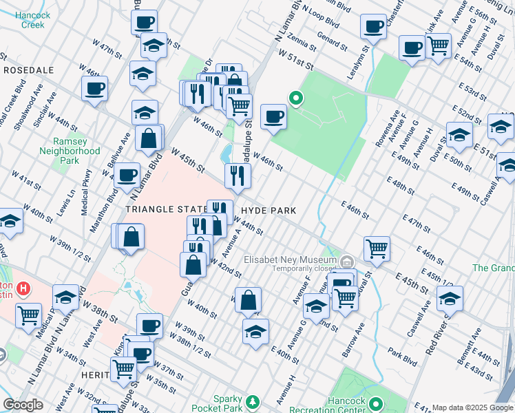 map of restaurants, bars, coffee shops, grocery stores, and more near 4415 Avenue A in Austin