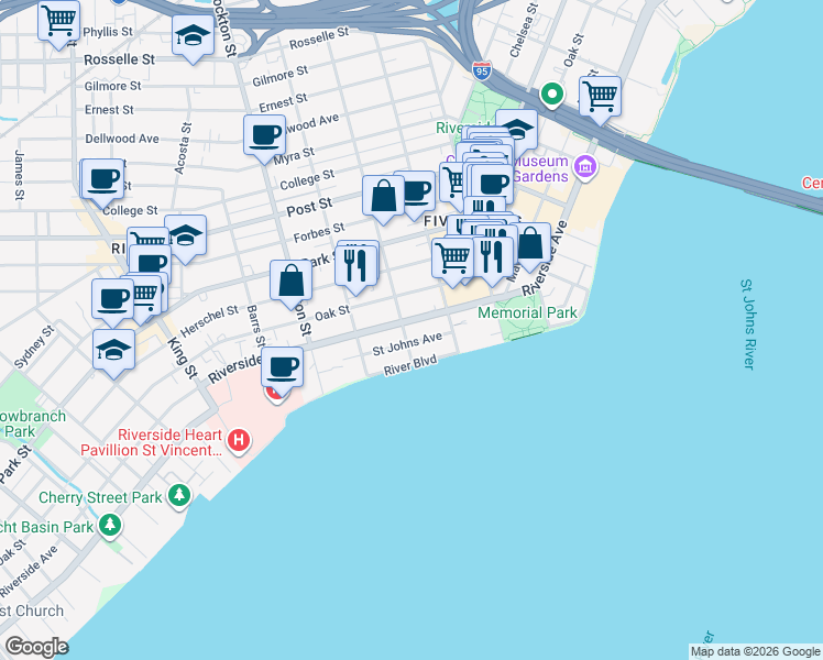 map of restaurants, bars, coffee shops, grocery stores, and more near in Jacksonville