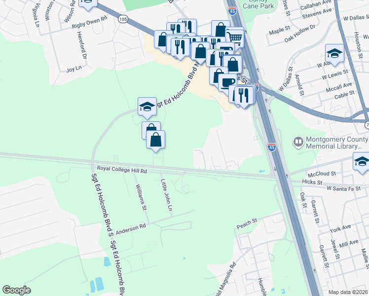map of restaurants, bars, coffee shops, grocery stores, and more near 108 Commercial Circle in Conroe