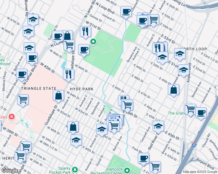 map of restaurants, bars, coffee shops, grocery stores, and more near 4527 Speedway in Austin