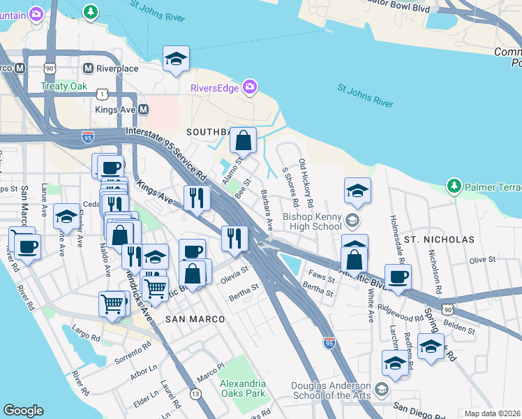 map of restaurants, bars, coffee shops, grocery stores, and more near 2031 Southampton Road in Jacksonville