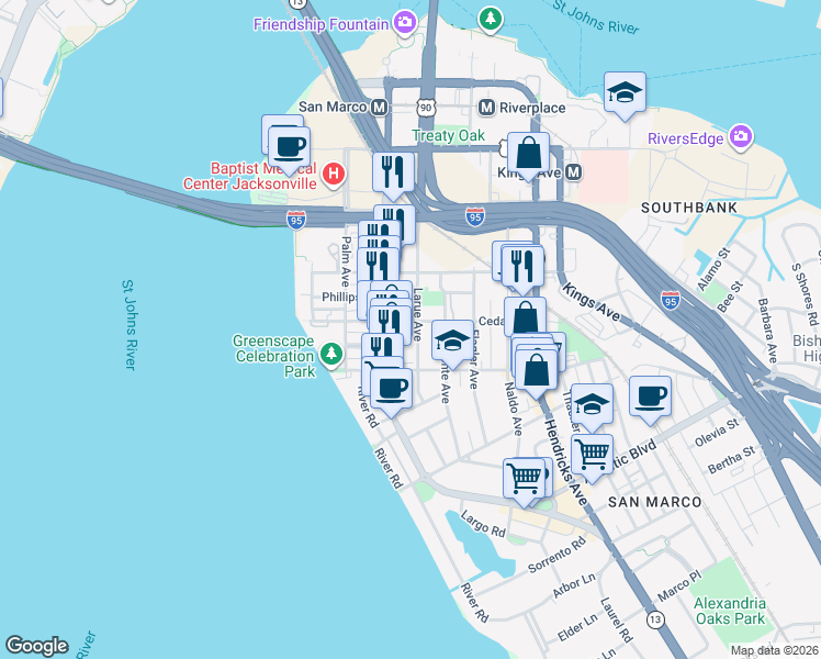 map of restaurants, bars, coffee shops, grocery stores, and more near 1018 Cedar Street in Jacksonville