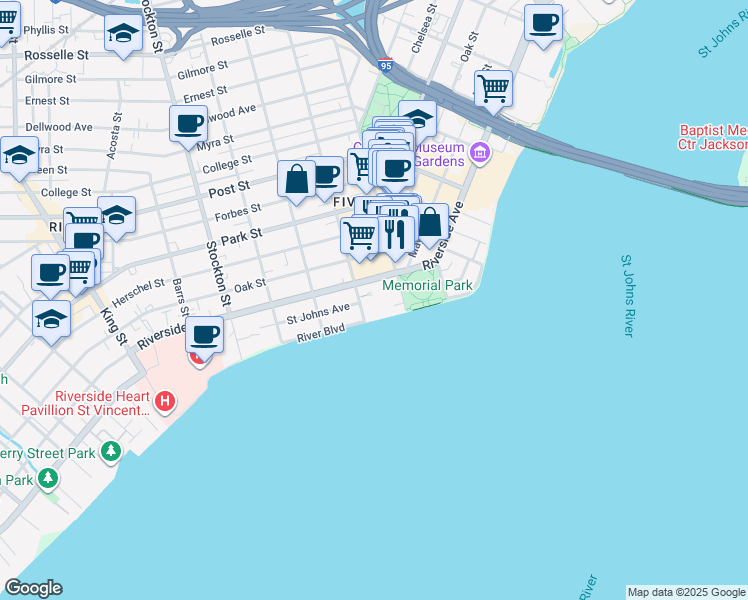 map of restaurants, bars, coffee shops, grocery stores, and more near 2054 Riverside Avenue in Jacksonville