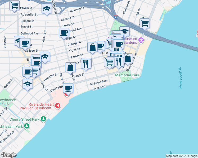 map of restaurants, bars, coffee shops, grocery stores, and more near in Jacksonville