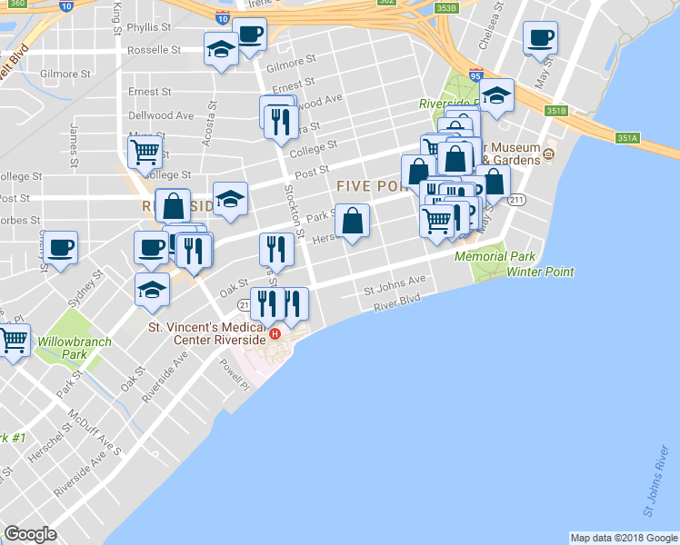 map of restaurants, bars, coffee shops, grocery stores, and more near 2338 Oak Street in Jacksonville