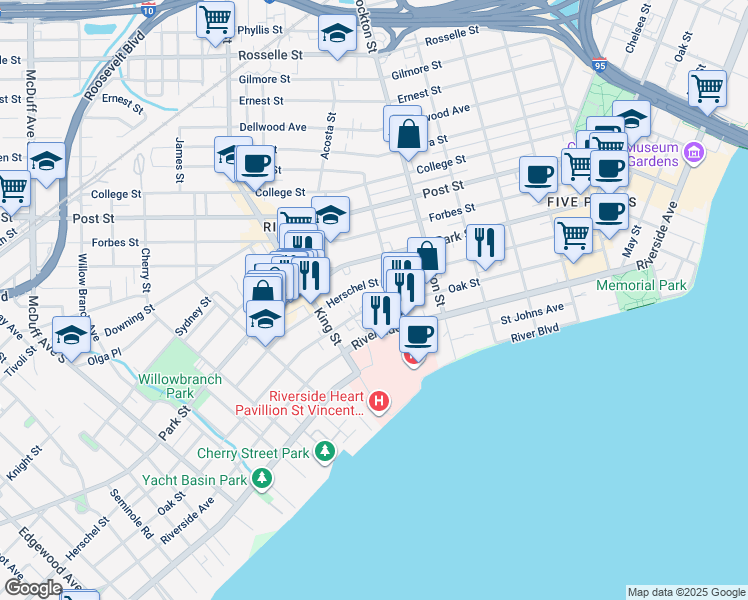 map of restaurants, bars, coffee shops, grocery stores, and more near 1614 Barrs Street in Jacksonville
