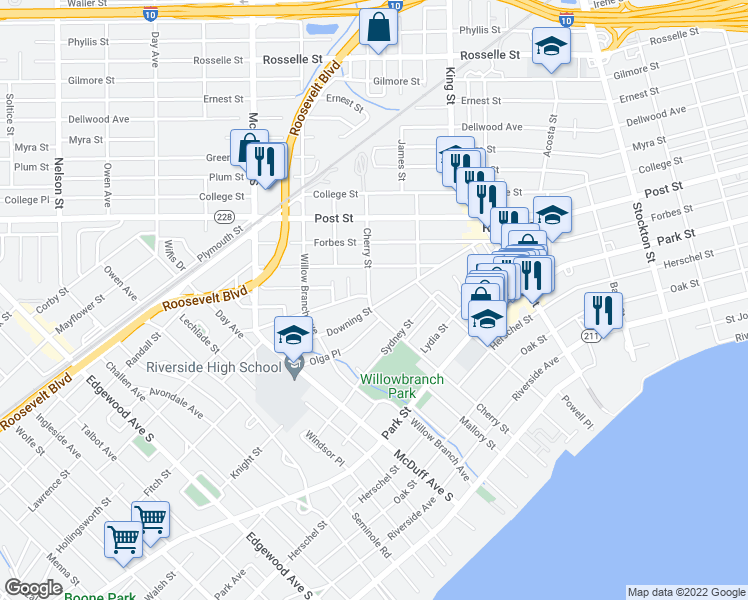 map of restaurants, bars, coffee shops, grocery stores, and more near 1098 Cherry Street in Jacksonville