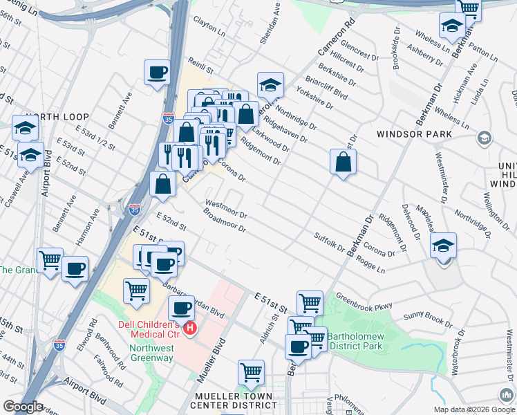 map of restaurants, bars, coffee shops, grocery stores, and more near 1301 Suffolk Drive in Austin