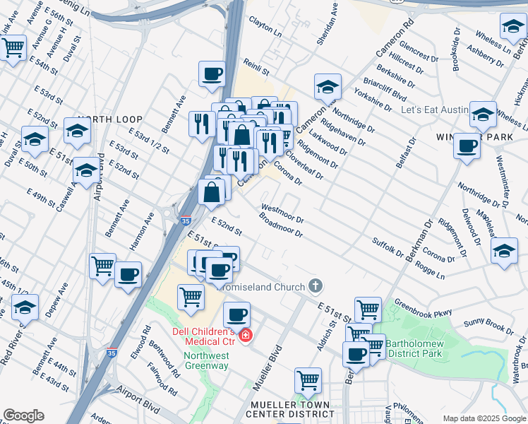 map of restaurants, bars, coffee shops, grocery stores, and more near 1222 Broadmoor Drive in Austin