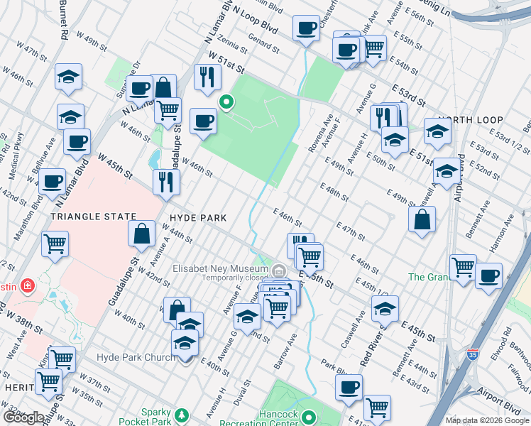 map of restaurants, bars, coffee shops, grocery stores, and more near 108 East 46th Street in Austin