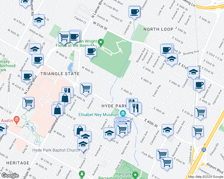 map of restaurants, bars, coffee shops, grocery stores, and more near 4525 1/2 Avenue D in Austin