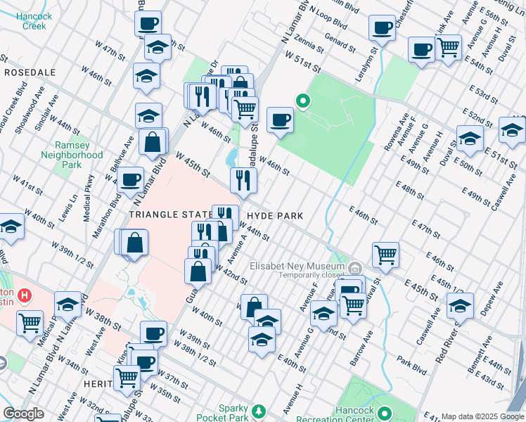 map of restaurants, bars, coffee shops, grocery stores, and more near in Austin