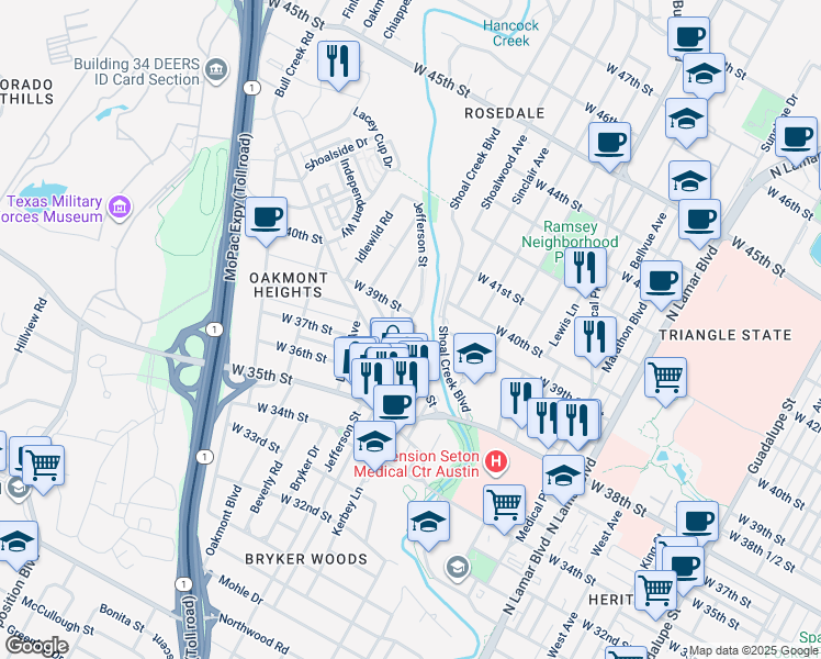 map of restaurants, bars, coffee shops, grocery stores, and more near 3809 Petes Path in Austin