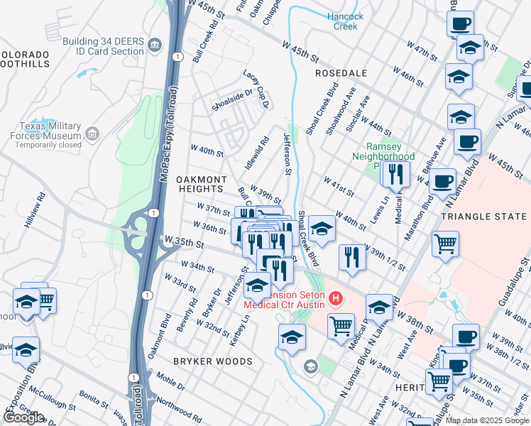 map of restaurants, bars, coffee shops, grocery stores, and more near 3809 Petes Path in Austin
