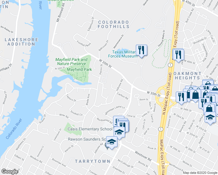 map of restaurants, bars, coffee shops, grocery stores, and more near 3303 Jamesborough Street in Austin