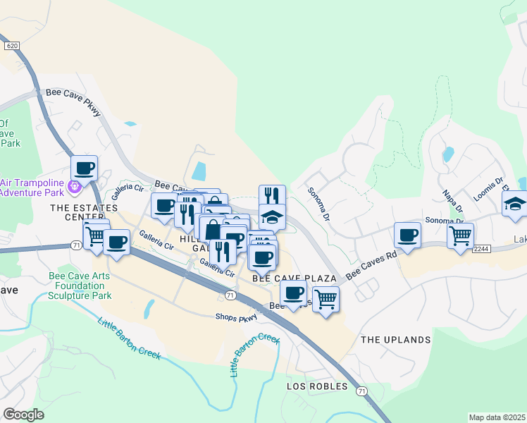 map of restaurants, bars, coffee shops, grocery stores, and more near 12601 Bee Cave Parkway in Bee Cave