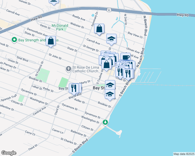 map of restaurants, bars, coffee shops, grocery stores, and more near 303 Easterbrook Street in Bay St. Louis