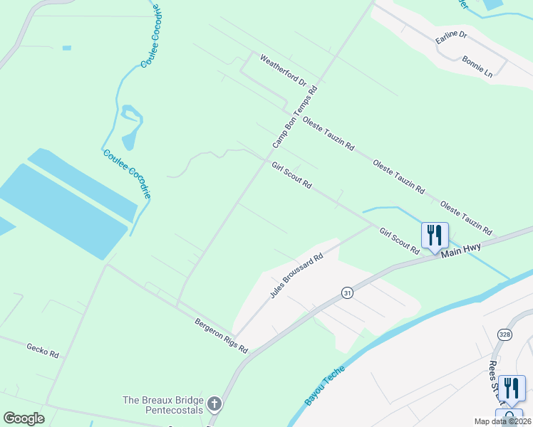 map of restaurants, bars, coffee shops, grocery stores, and more near 1092 Camp Bon Temps Road in Breaux Bridge
