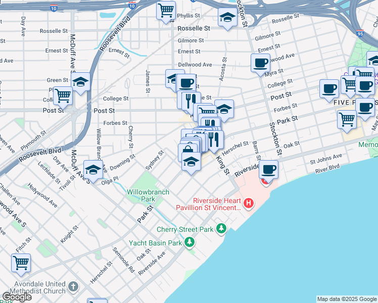 map of restaurants, bars, coffee shops, grocery stores, and more near 2759 Lydia Street in Jacksonville