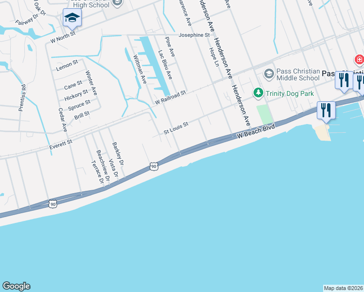 map of restaurants, bars, coffee shops, grocery stores, and more near 630 W Beach Blvd in Pass Christian