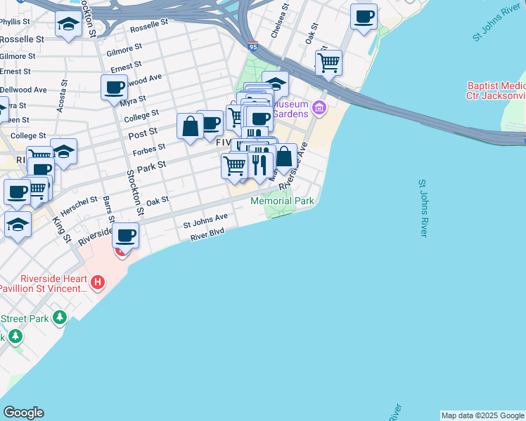 map of restaurants, bars, coffee shops, grocery stores, and more near 2054 Riverside Avenue in Jacksonville
