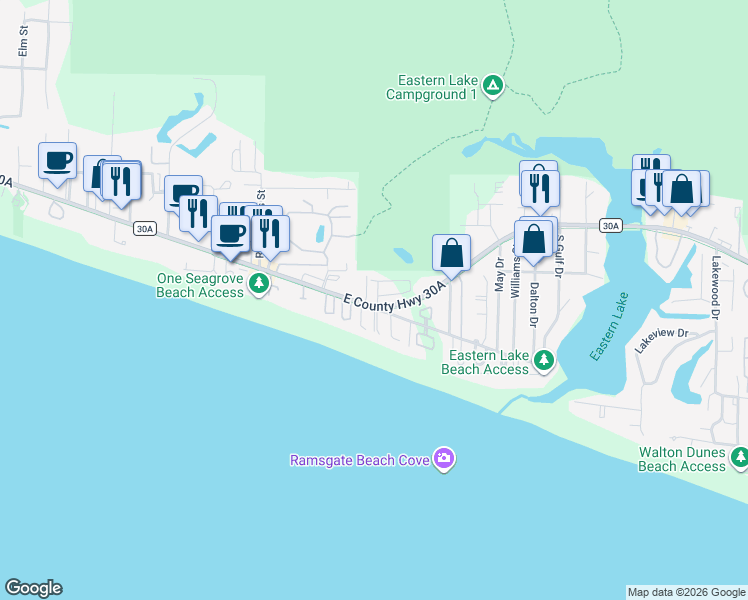 map of restaurants, bars, coffee shops, grocery stores, and more near 4341 East County Highway 30A in Santa Rosa Beach