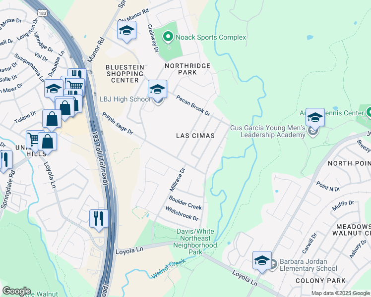 map of restaurants, bars, coffee shops, grocery stores, and more near 7109B Tumbleweed Drive in Austin