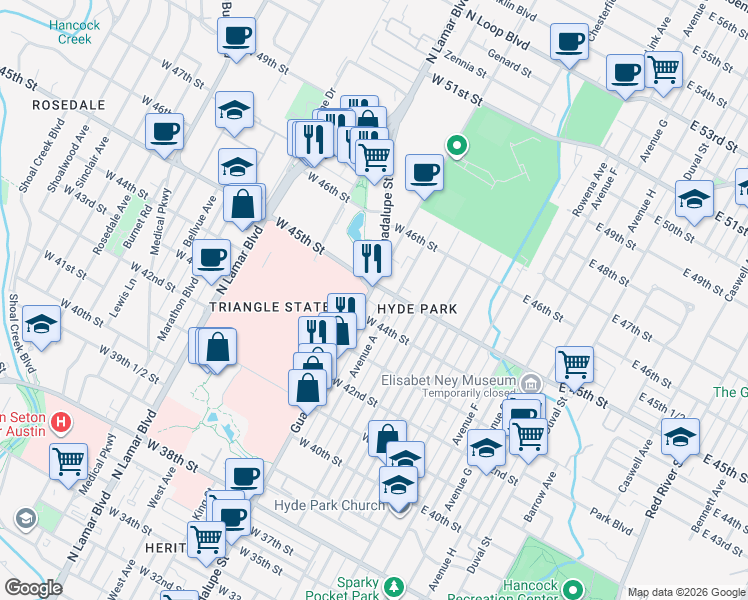 map of restaurants, bars, coffee shops, grocery stores, and more near in Austin