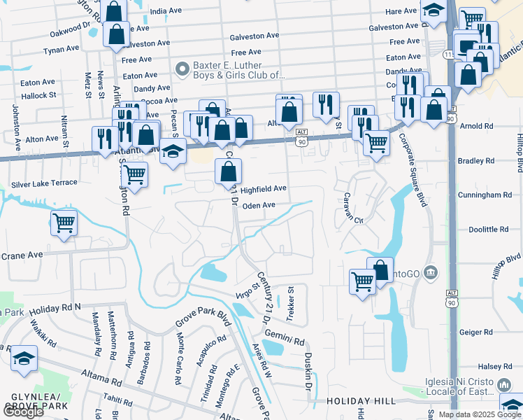 map of restaurants, bars, coffee shops, grocery stores, and more near 8314 Oden Avenue in Jacksonville
