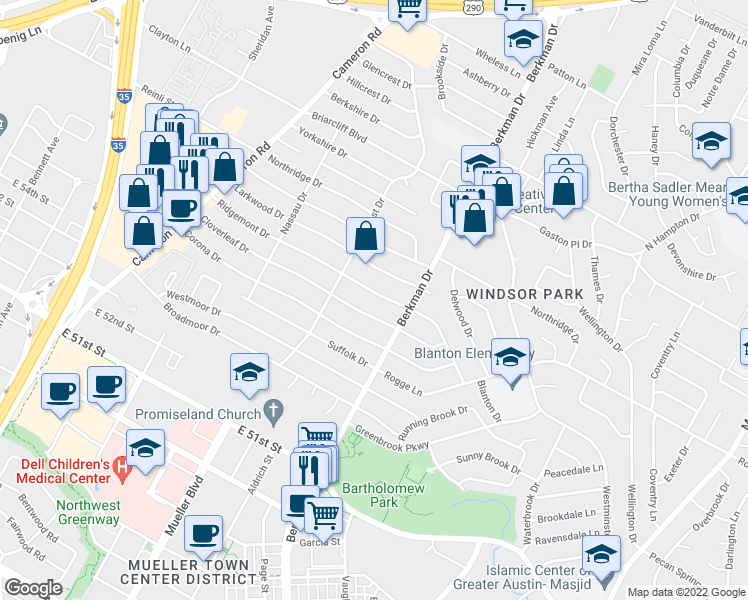 map of restaurants, bars, coffee shops, grocery stores, and more near 1601 Ridgemont Drive in Austin